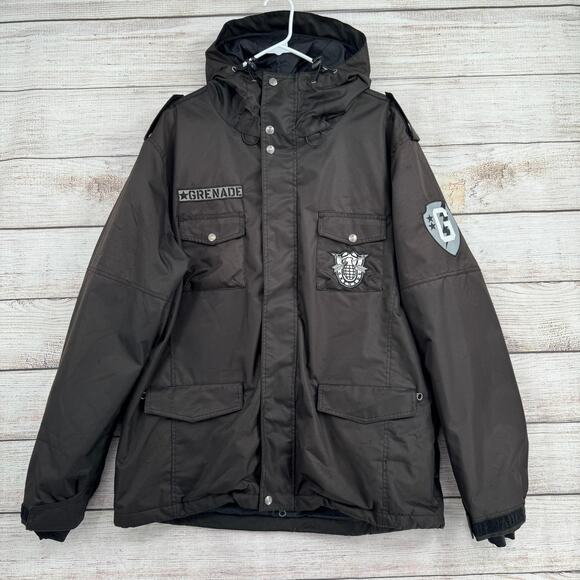 Grenade Snowboard Jacket Mens Medium Black Military Patch Hooded - Picture 1 of 14